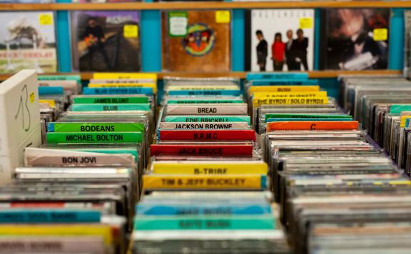 A CD bin at Slow Boat Records, a record store on Cuba Street in Te Aro, Wellington. 