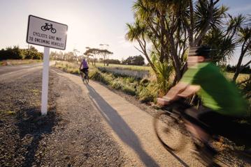 2 bikers cycling along the track next to the road, on the Western lake Road Section of the Remutaka Cycle Trail.