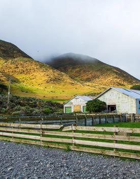 The screen location of Ōrongorongo Station, with many buildings, old and new, as well as views of the ocean and mountains.