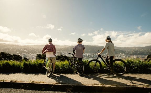 Three kids on bikes wearing helmets standing next to their bikes overlooking Mount Victoria.