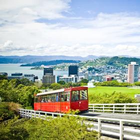 Wide look at the Cable Car driving up the tracks with Wellington city and harbour in the background