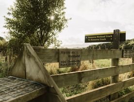 A sign showing the direction to the trail on the Te Ara Ramaroa Track in Wharearoa Farm.