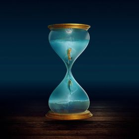Two figures reach for one another from opposite sides of an hourglass.