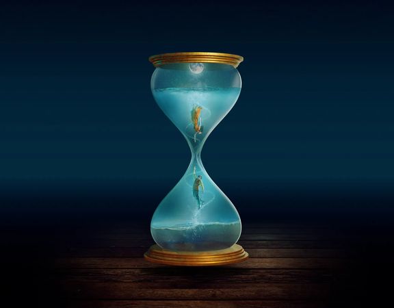Two figures reach for one another from opposite sides of an hourglass.