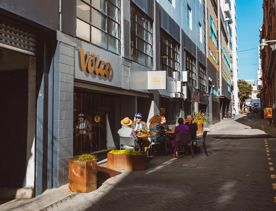 The exterior seating at Volco on Egmont Street.