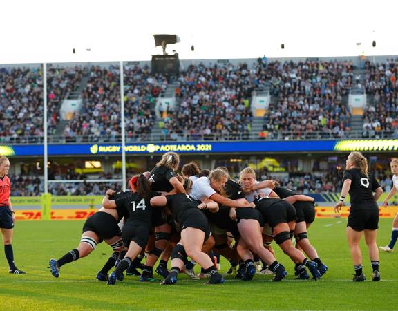 Players compete in a maul during the Rugby World Cup 2021 Final match between New Zealand and England at Eden Park on November 12, 2022 in Auckland, New Zealand.