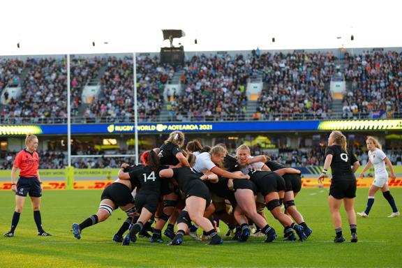 Players compete in a maul during the Rugby World Cup 2021 Final match between New Zealand and England at Eden Park on November 12, 2022 in Auckland, New Zealand.