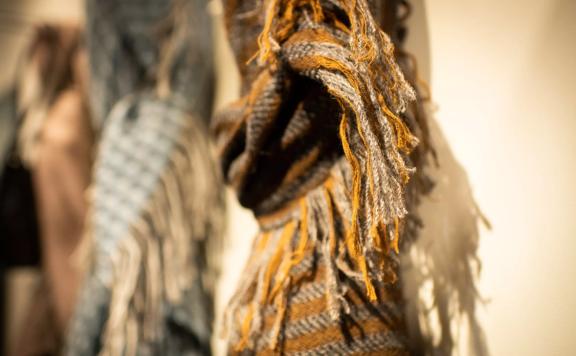 Scarves handing at the Stansborough Mill, an artisan wool shop in Petone in Lower Hutt.