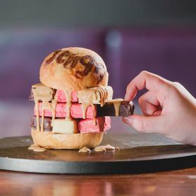 'The Jenga Jelly Tip' burger at The Library. A dessert burger with Jenga blocks made of icecream. 