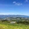 Looking east over Wellington city. The  sweeping view shows green hills dotted with houses. The sky is blue with a few clouds.
