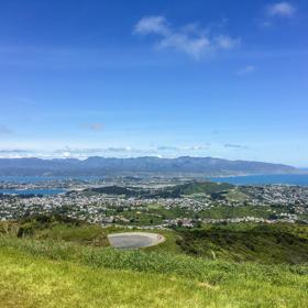 Looking east over Wellington city. The  sweeping view shows green hills dotted with houses. The sky is blue with a few clouds.