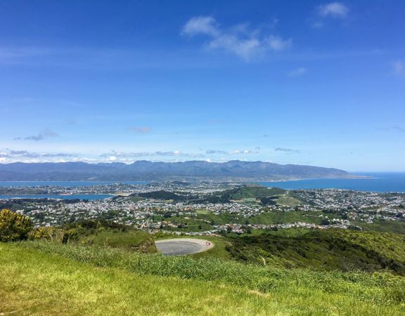 Looking east over Wellington city. The  sweeping view shows green hills dotted with houses. The sky is blue with a few clouds.