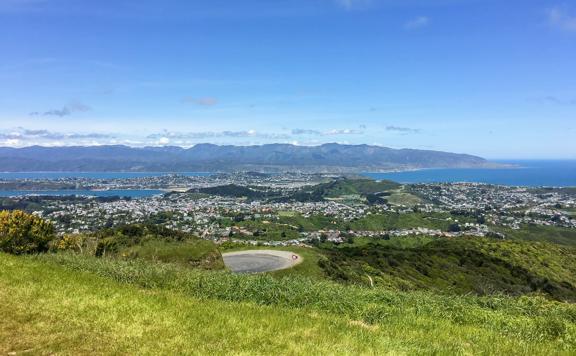 Looking east over Wellington city. The  sweeping view shows green hills dotted with houses. The sky is blue with a few clouds.