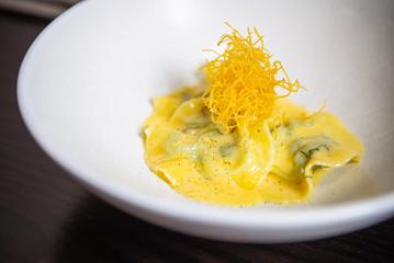 A plate of Pāua Ravioli served at Logan Brown.