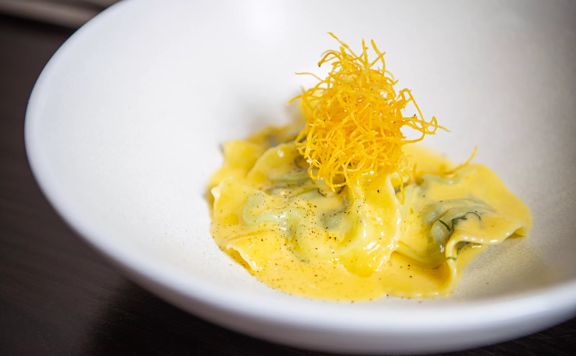 A plate of Pāua Ravioli served at Logan Brown.