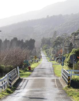 Mangaroa Valley Road screen location, a scenic rural setting with native forest, farmland, and a mountainous backdrop.