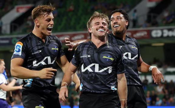 Jordi Viljoen of the Hurricanes celebrates a try during the round one Super Rugby Pacific match between Western Force and Hurricanes at HBF Park, on 23 February 2024, in Perth, Australia.