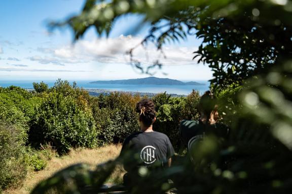 Two people sitting on a bench looking out at Kapiti Island over the native bush on the Te Au Track, in Hemi Matenga Reserve.