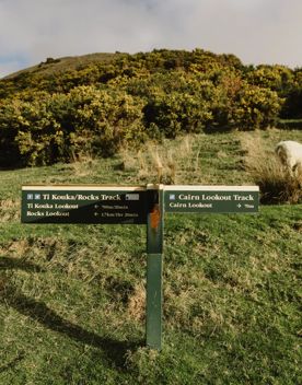 A sign post on Cairn View Track in Whareroa Farm Recreation Reserve.