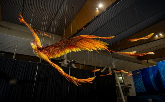 The Manu Muramura bird installation hanging in the Wellingotn Aiport. The bird is roughly 10 metres wide and bright orange with yellow feathers.