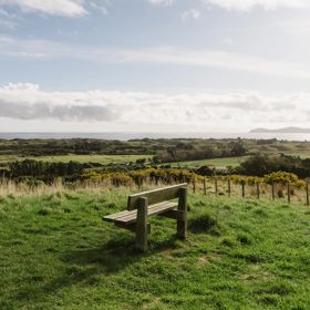 A section of the Coastal Lookout Walk in Whareroa Farm on the Kāpiti Coast. The grassy hills give a view out to Kapiti Island.
