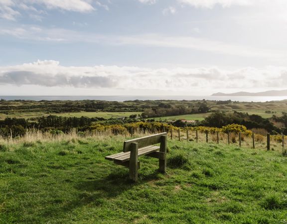 A section of the Coastal Lookout Walk in Whareroa Farm on the Kāpiti Coast. The grassy hills give a view out to Kapiti Island.
