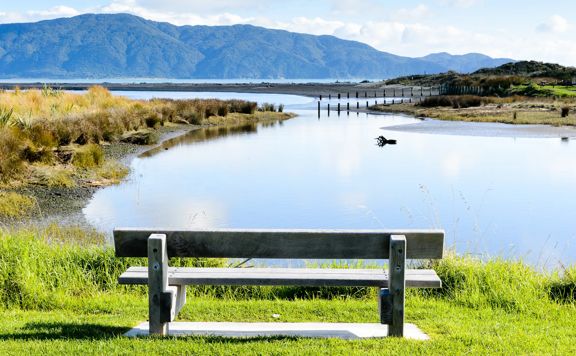 A grey wooden bench faces a pond in Waikanae Estuary Scientific Reserve in Paraparaumu, New Zealand. There is tall grass, a piece of driftwood and mountains visible in the background.