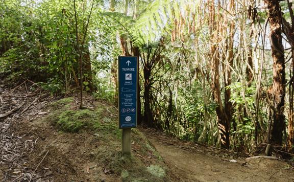 Blue wooden sign with Tumeke written on it, showing the direction of the trail.