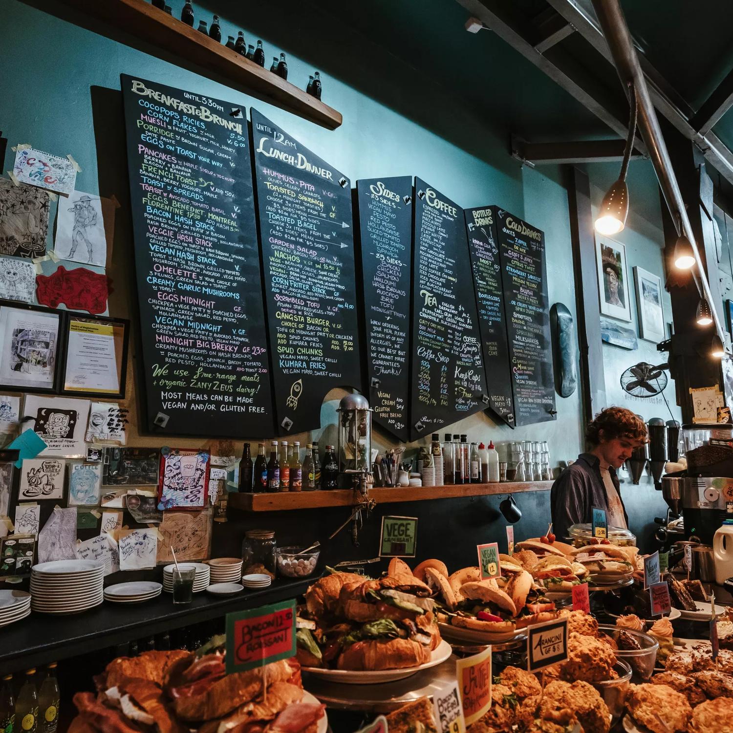 The counter at Midnight Espresso, a hip café on Cuba Street in Wellington. 