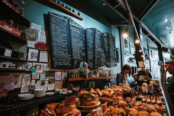 The counter at Midnight Espresso, a hip café on Cuba Street in Wellington.
