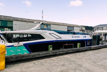 An East by West ferry docked at Wellington's harbourfront.