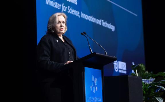 Science, Innovation, and Technology Minister Judith Collins gives a keynote speech at the Life Sciences Summit 2024.