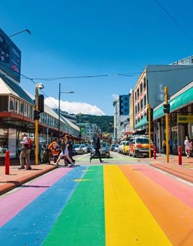 The Rainbow Crossing on Cuba Street and Dixon Street in Te Aro, Wellington.