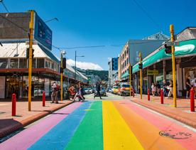 The Rainbow Crossing on Cuba Street and Dixon Street in Te Aro, Wellington.