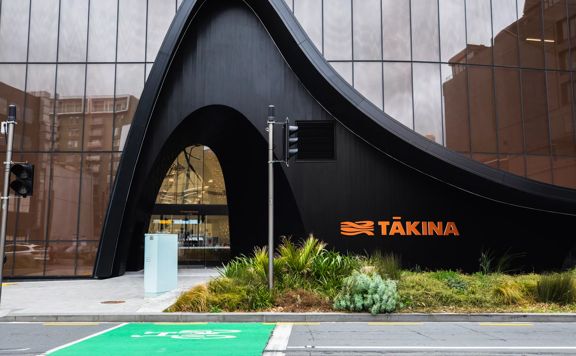 The exterior entrance of Tākina Wellington Convention and Exhibition Centre from Wakefield Street.
