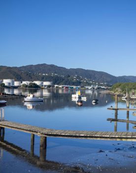 The Petone boat ramp, Hikoikoi,  with colourful boat sheds and boats in the morning sun.