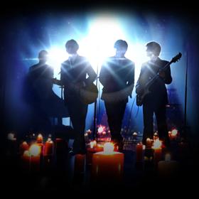 Four musicians perform with lit candles on the stage. A strong spotlight backlights them.