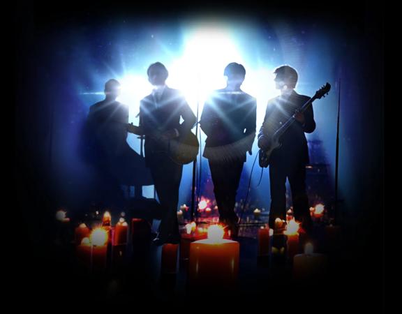 Four musicians perform with lit candles on the stage. A strong spotlight backlights them.