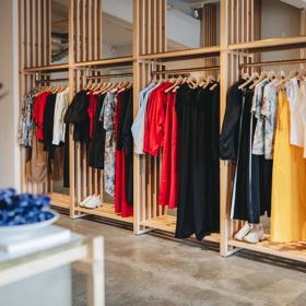 A clothing rack inside Kowtow, a boutique clothing store in Wellington.