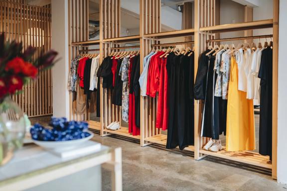 A clothing rack inside Kowtow, a boutique clothing store in Wellington.