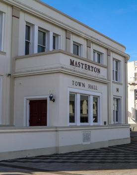 The screen locations for Masterton, Wairarapa. Named best small town in 2017, it features gardens, historic buildings, modern buildings, suburban areas, bridges, and streams.