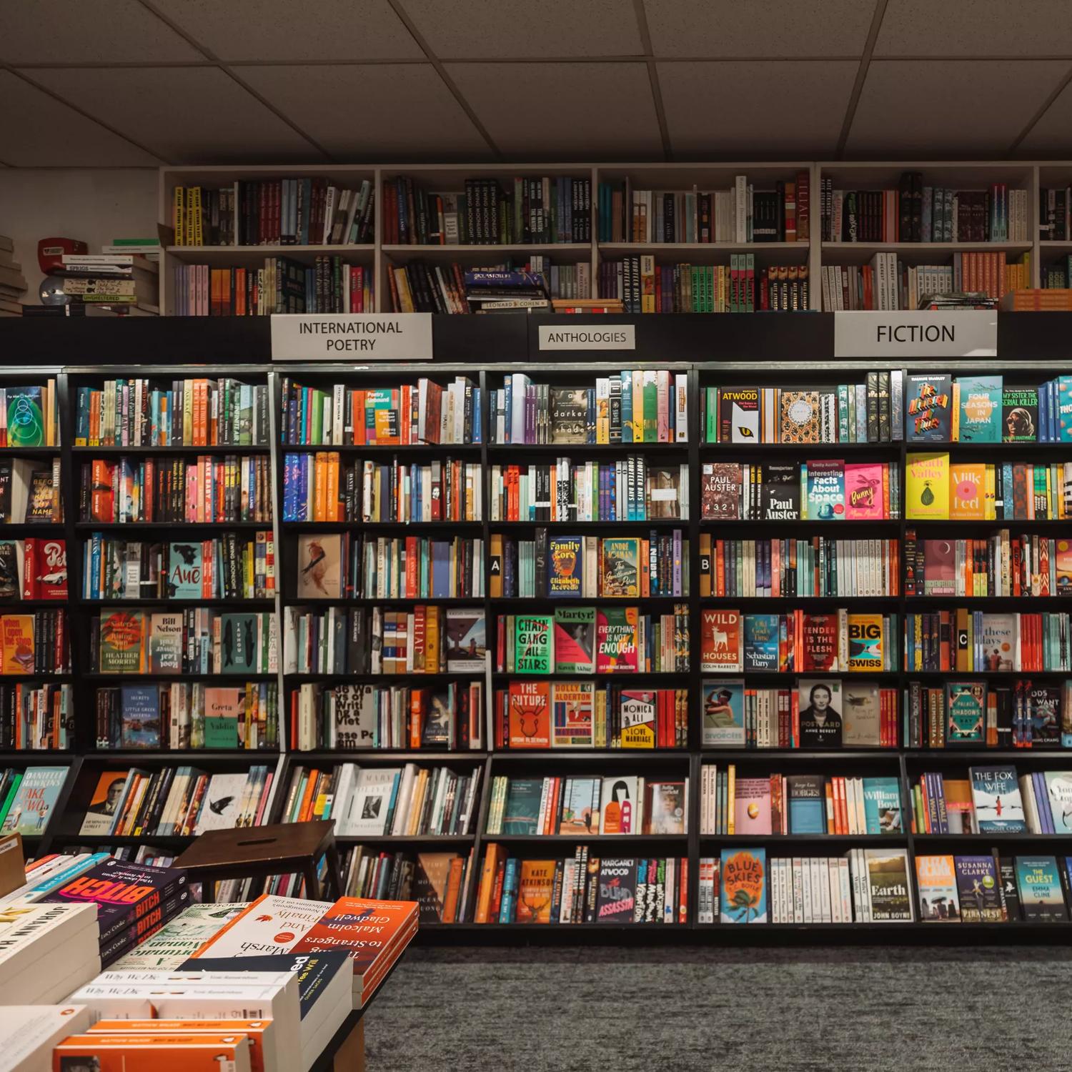 Shelves full of books inside Unity Books, a bookstore on Willis Street in Wellington Central.