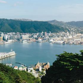 The view of Wellington Harbour from Mount Victoria on a sunny day.