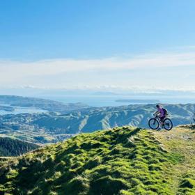 A mountain biker sits at the end of a hill ridge on the Puketiro Loop track looking out towards the Pāuatahanui Inlet.