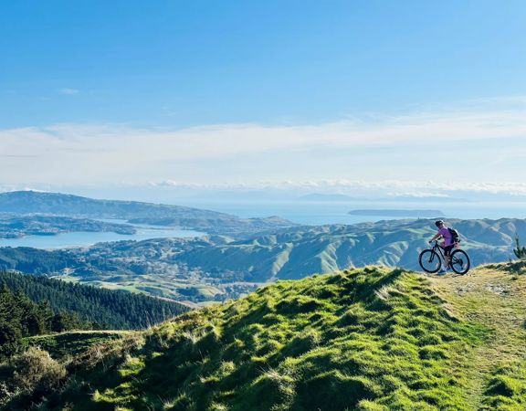 A mountain biker sits at the end of a hill ridge on the Puketiro Loop track looking out towards the Pāuatahanui Inlet.
