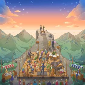 An illustration of an orchestra performance on an outdoor stage on a cliffside at sunset from the video game, Stardew Valley.