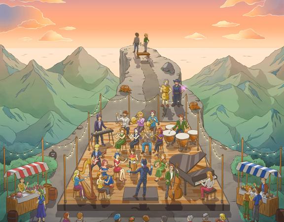 An illustration of an orchestra performance on an outdoor stage on a cliffside at sunset from the video game, Stardew Valley.