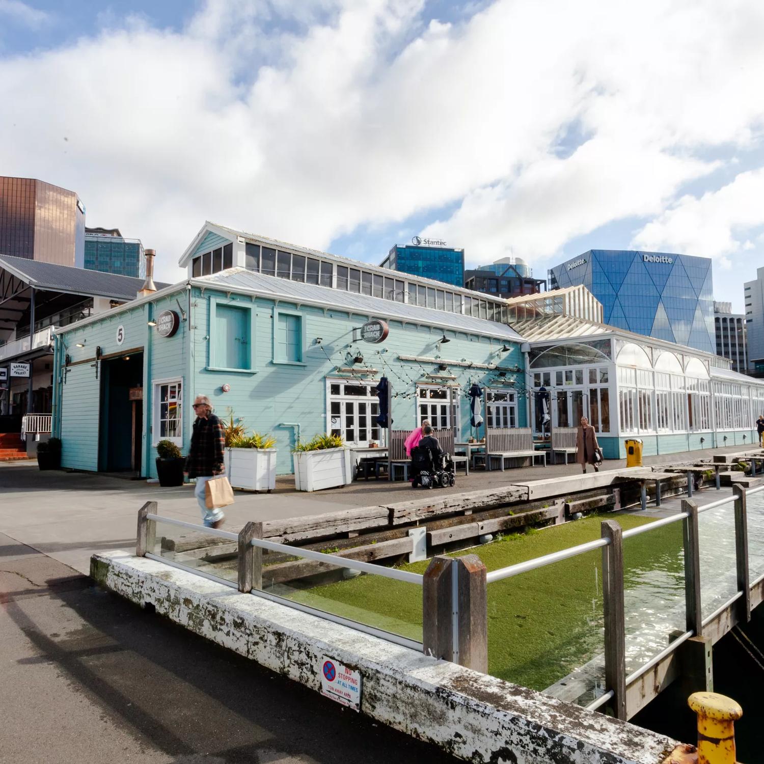 The exterior of Crab Shack, a popular seafood restaurant on Wellington's waterfront.