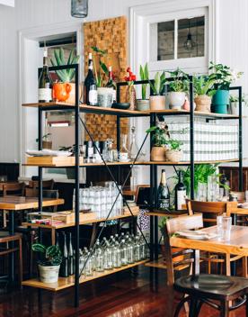 Wooden shelving inside Daisy's 
Restaurant with plants and empty glasses. Tables and chairs surround.