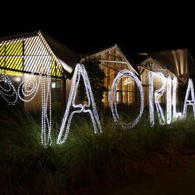 A "Maoriland" sign made of string lights.